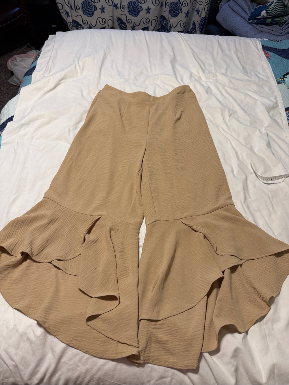 Cato Beige Ruffle-Hem Wide-Leg Pants